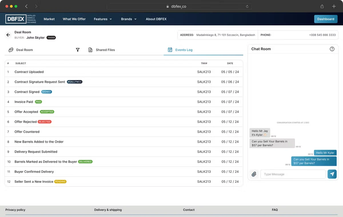 Provenance event log — every action on a barrel is recorded and readable.