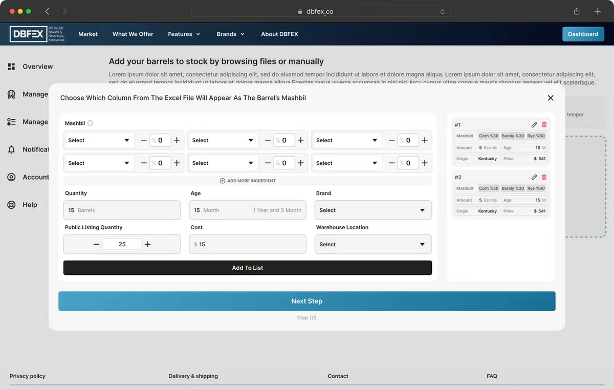 Manual barrel entry — existing holdings can be brought in without starting from an empty account.