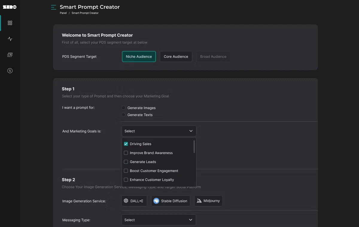 Smart prompt creator — guided questions assemble a useful brief.