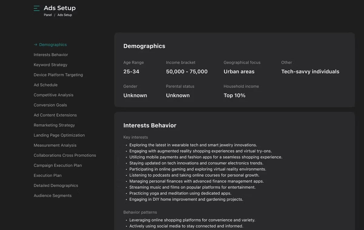 Ad setup intelligence — a configuration ready for Meta, Google or TikTok.