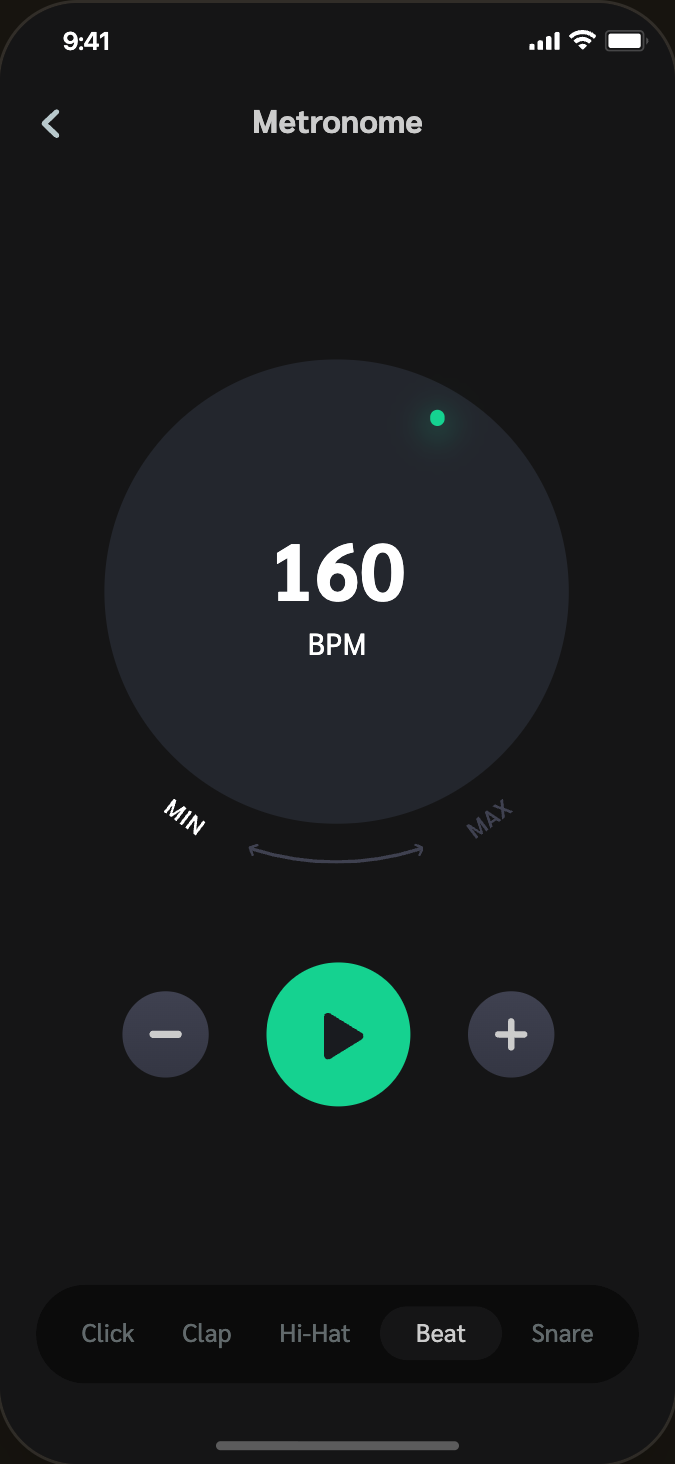 Stopped
The play button goes solid green. Everything else holds still.