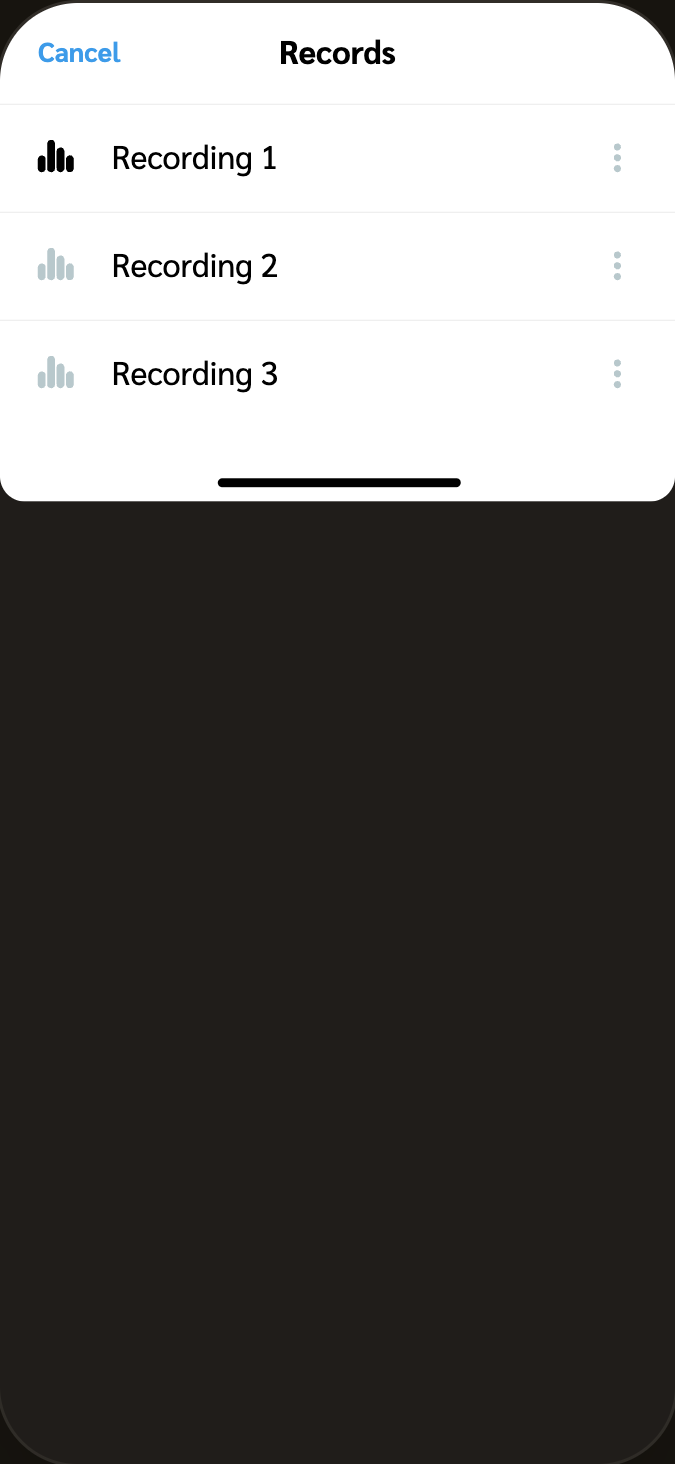 Takes sheet
Every recording in one list, specified as a component the app reuses.