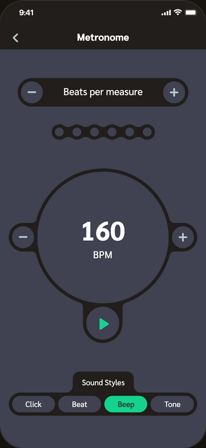 Exploration 01
Beats-per-measure stepper, beat dots, square plus and minus tabs.