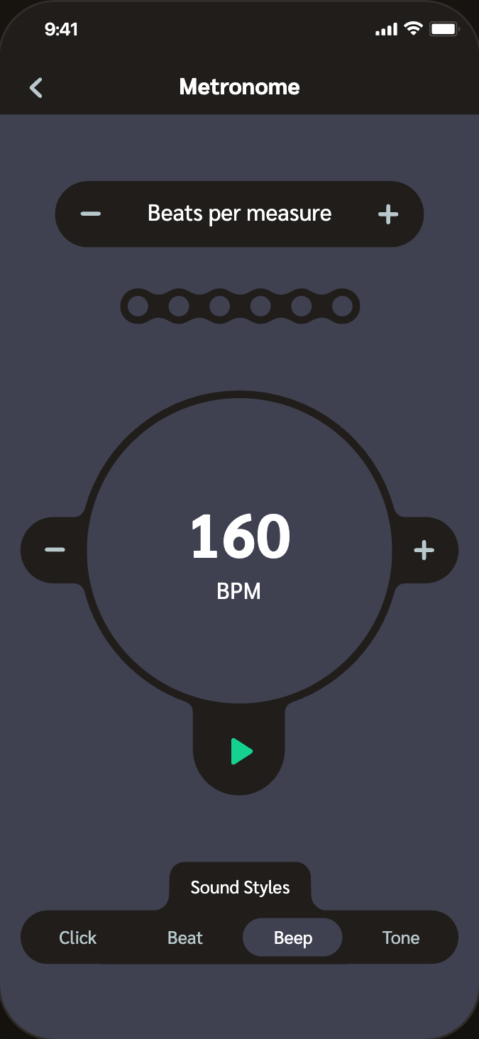 Exploration 02
Controls fused into the dial as lobes. Sound styles read Click, Beat, Beep, Tone.
